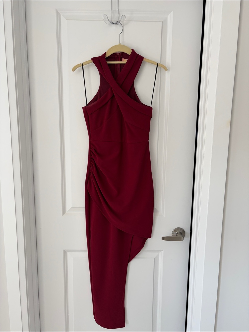 Cross-Back Burgundy High-Low Ruched Dress